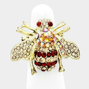 Brown Rhinestone Crystal Stretch HoneyBee Ring Gold Fashion Statement Accessory